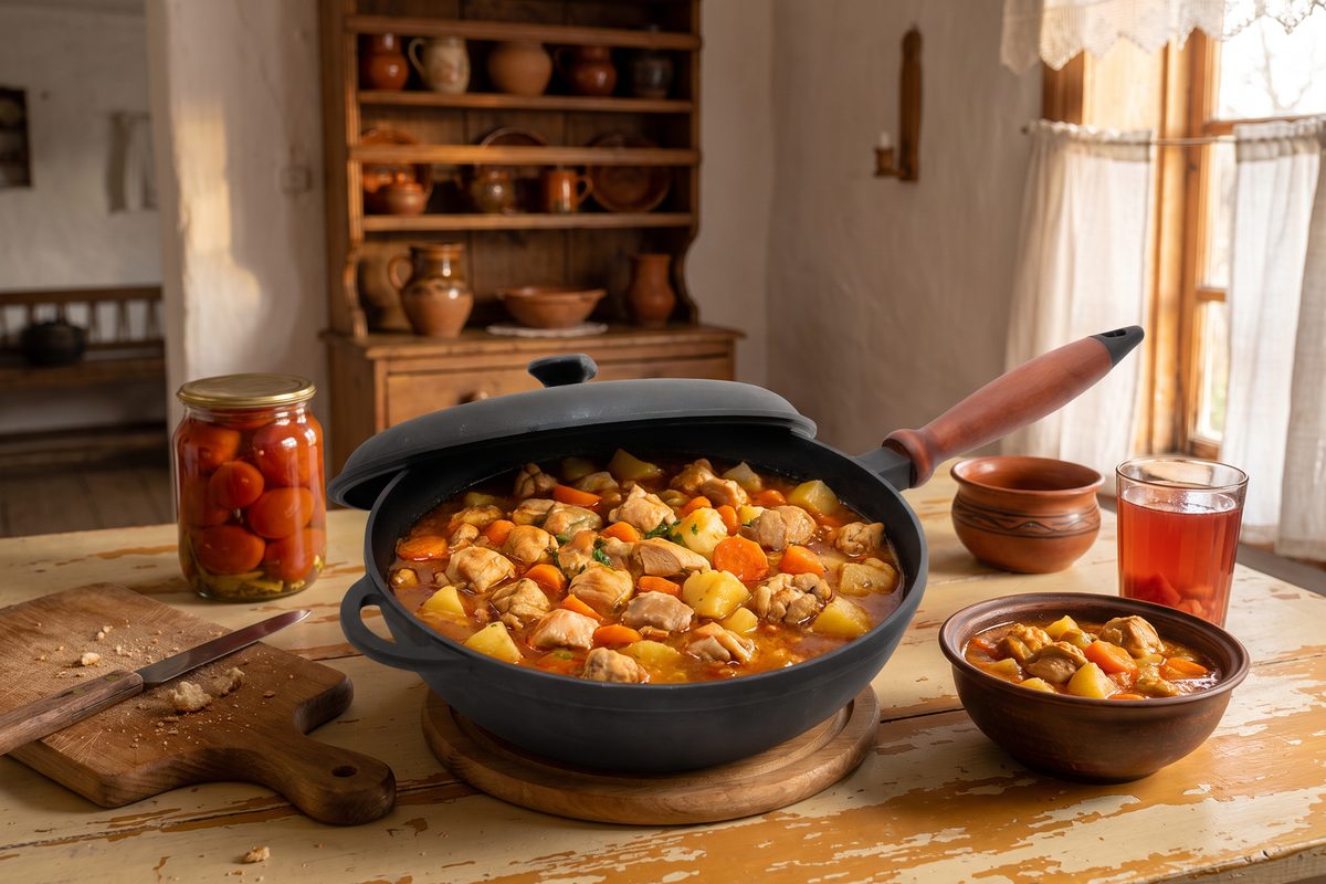 Сковорода чугунная WOK 200х90 мм с деревянной ручкой и чугунной крышкой ТМ СИТОН: рагу из курицы с овощами