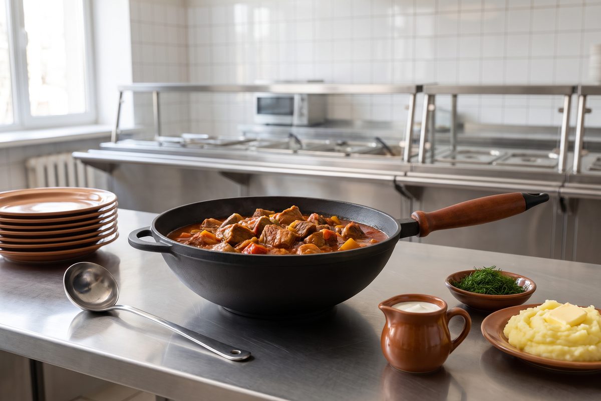 Сковорода чугунная WOK 200х90 мм с деревянной ручкой и чугунной крышкой ТМ СИТОН: гуляш из свинины