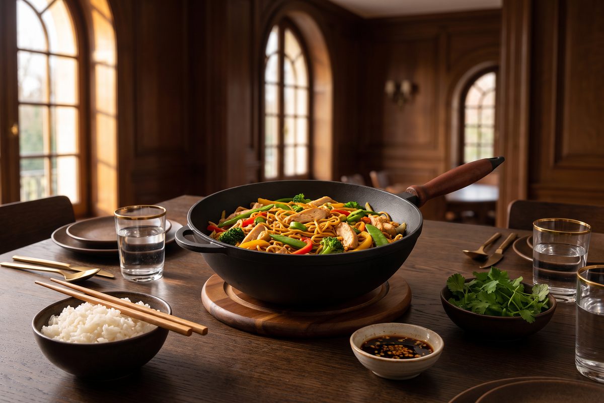 Сковорода чугунная WOK 200х90 мм с деревянной ручкой и чугунной крышкой ТМ СИТОН: лапша с курицей и овощами