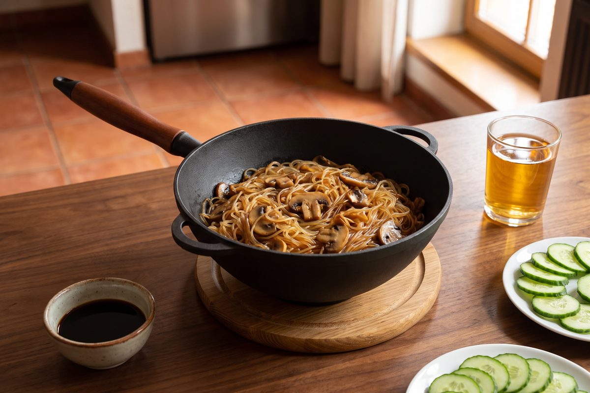 Сковорода чугунная WOK 200х90 мм с деревянной ручкой и чугунной крышкой-сковородой ТМ СИТОН: фунчоза с грибами