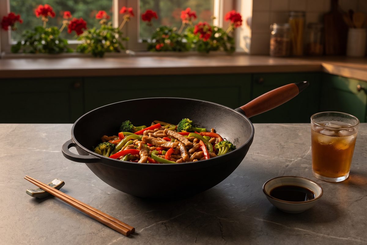 Сковорода чугунная WOK 200х90 мм с деревянной ручкой и чугунной крышкой-сковородой ТМ СИТОН: свинина с овощами