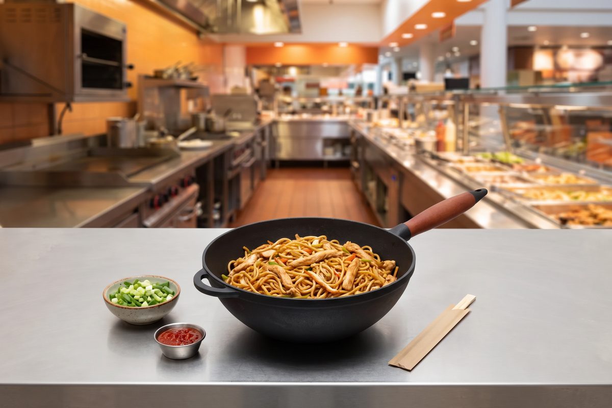 Сковорода чугунная WOK 200х90 мм с деревянной ручкой и чугунной крышкой-сковородой ТМ СИТОН: лапша с курицей