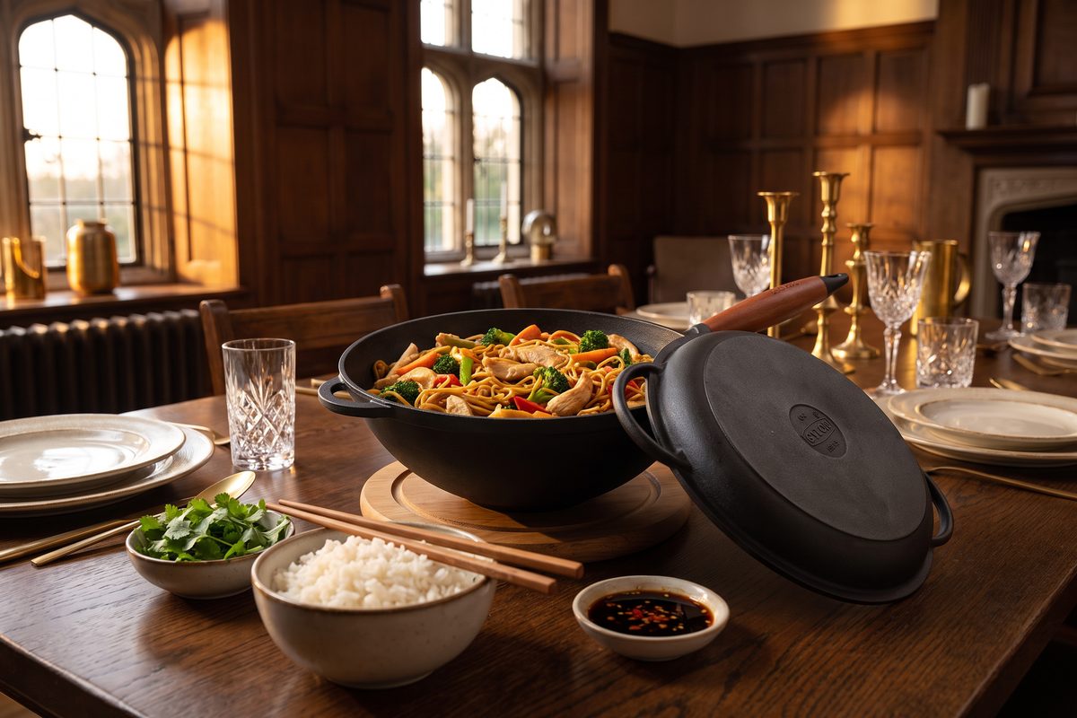 Сковорода чугунная WOK 200х90 мм с деревянной ручкой и чугунной крышкой-сковородой ТМ СИТОН: лапша с курицей и овощами