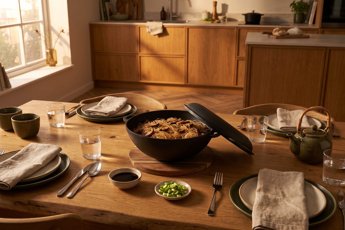 Каструля чавунна WOK 3,5 л з чавунною кришкою-сковородою ТМ СІТОН: фунчоза з грибами