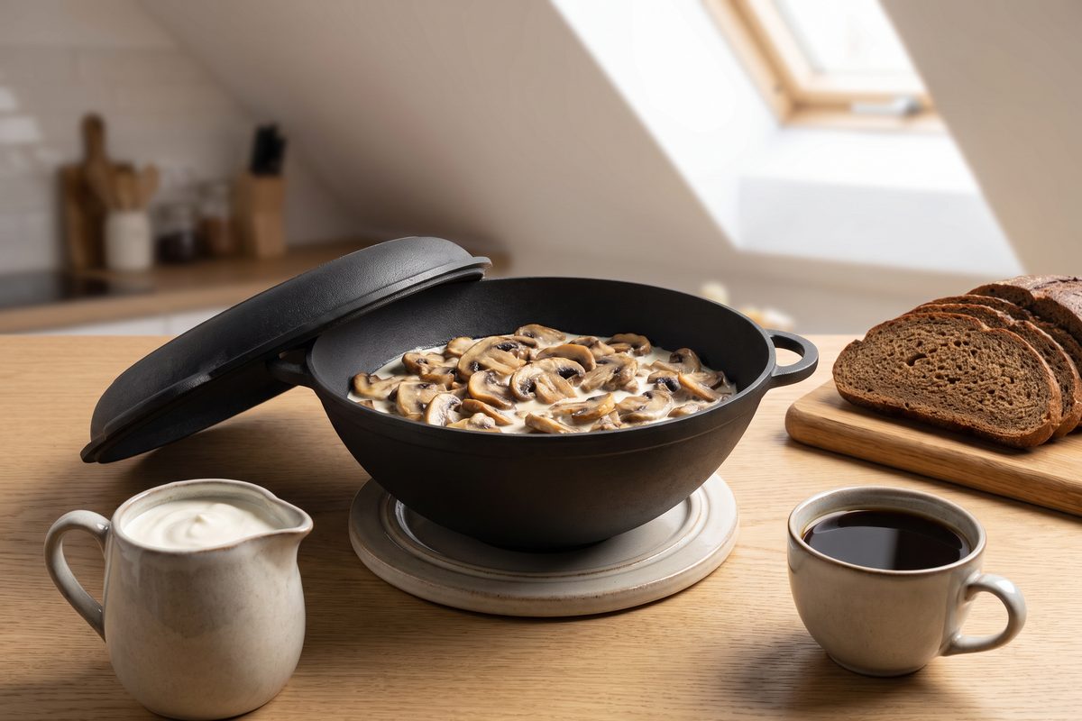 Каструля чавунна WOK 3,5 л з чавунною кришкою-сковородою ТМ СІТОН: смажені гриби зі сметаною