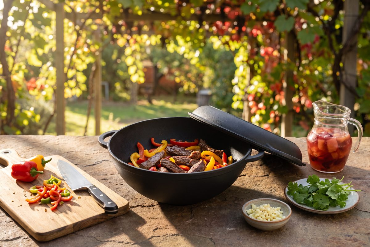 Каструля чавунна WOK 3,5 л з чавунною кришкою-сковородою ТМ СІТОН: яловичина з солодким перцем