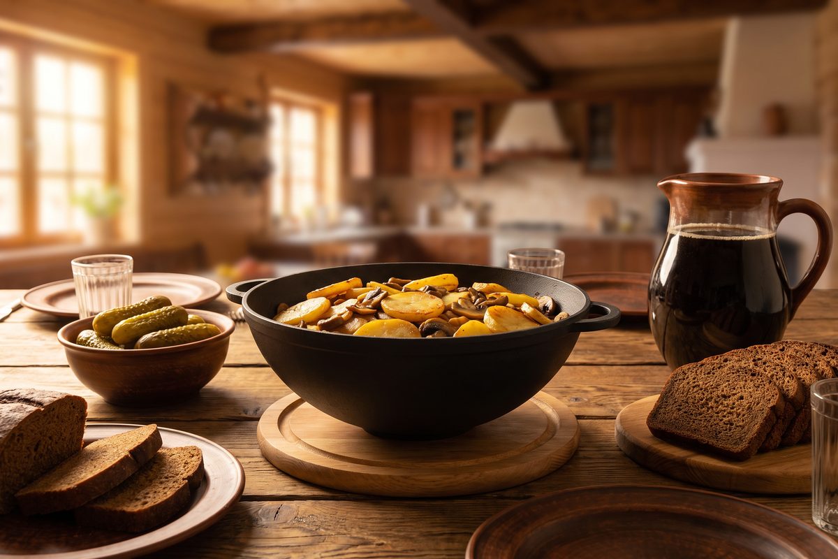 Каструля чавунна WOK 3,5 л з чавунною кришкою-сковородою ТМ СІТОН: смажена картопля з грибами