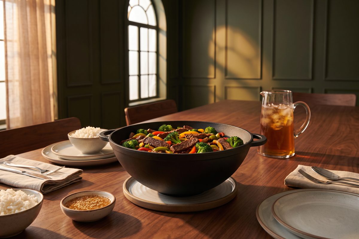 Каструля чавунна WOK 3,5 л з чавунною кришкою-сковородою ТМ СІТОН: яловичина з броколі та солодким перцем