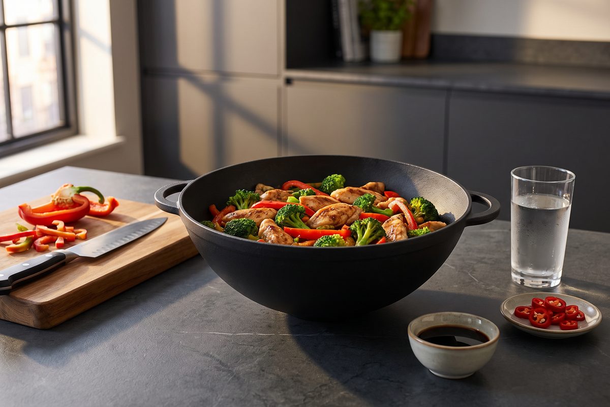 Кастрюля чугунная WOK 3,5 л ТМ СИТОН: курица с брокколи и сладким перцем