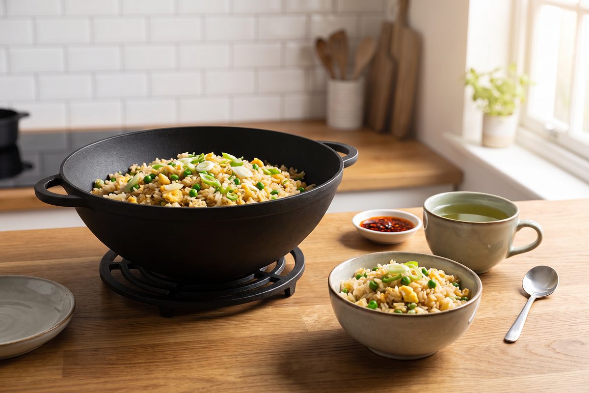 Кастрюля чугунная WOK 3,5 л ТМ СИТОН: жареный рис с яйцом