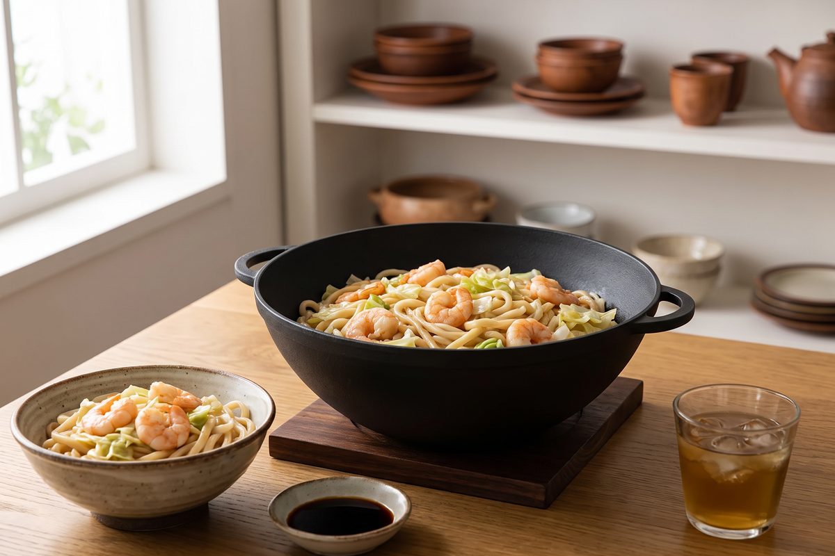 Кастрюля чугунная WOK 3,5 л ТМ СИТОН: удон с креветками