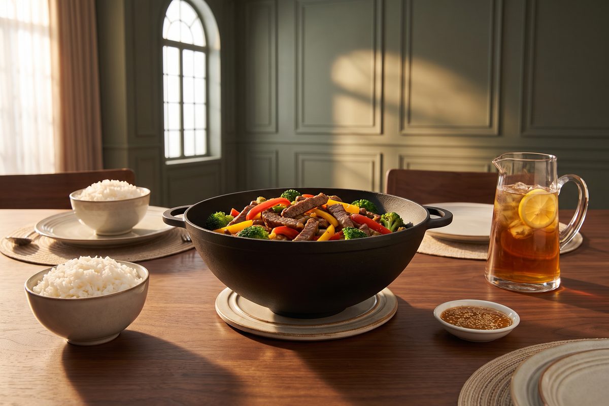 Кастрюля чугунная WOK 3,5 л ТМ СИТОН: говядина с брокколи и сладким перцем