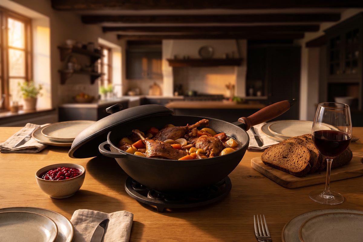 Сковорода чугунная WOK 260х120 мм с деревянной ручкой и чугунной крышкой ТМ СИТОН: утка с овощами
