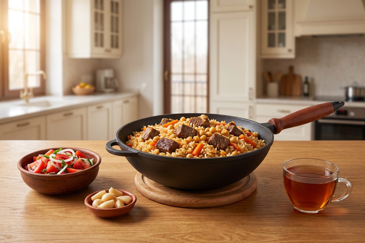Сковорода чугунная WOK 260х120 мм с деревянной ручкой и чугунной крышкой ТМ СИТОН: плов с говядиной и нутом