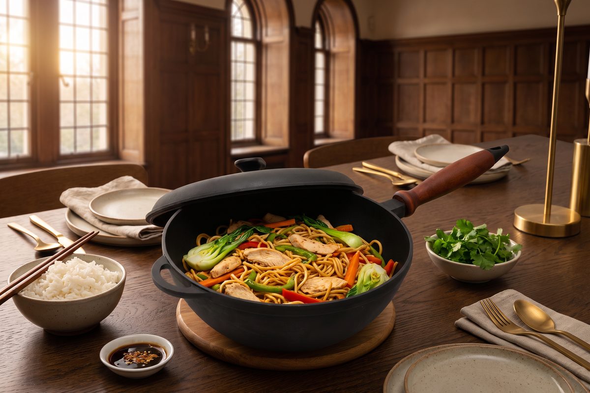 Сковорода чугунная WOK 260х120 мм с деревянной ручкой и чугунной крышкой ТМ СИТОН: лапша с курицей и овощами