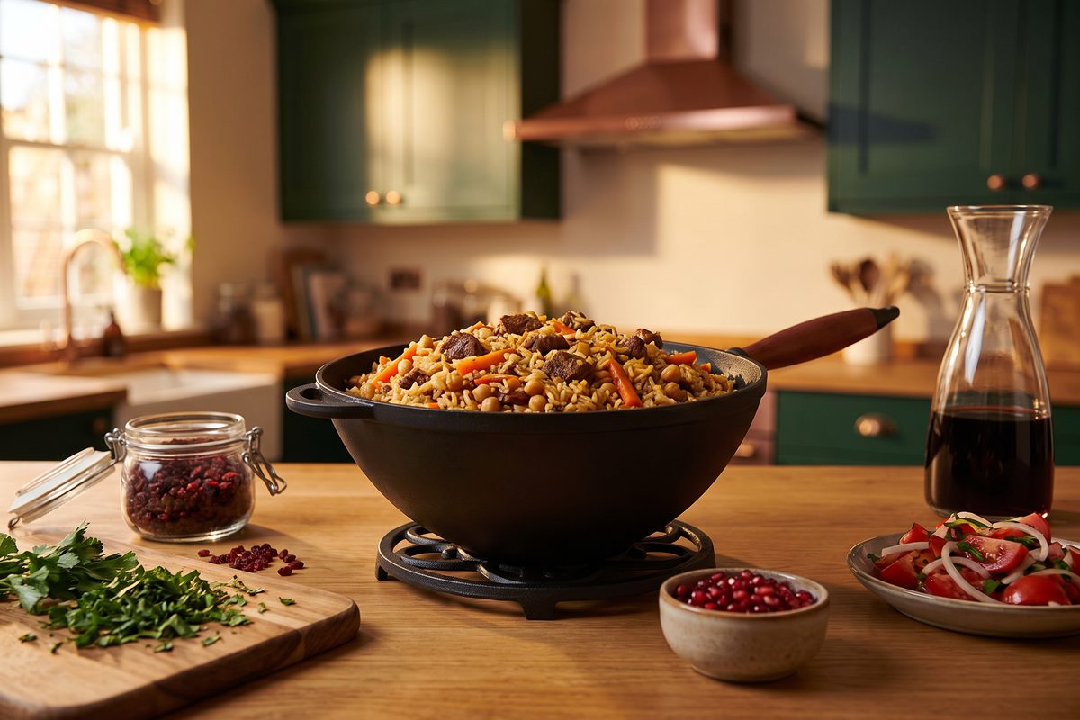Сковорода чугунная WOK 260х120 мм с деревянной ручкой и чугунной крышкой-сковородой ТМ СИТОН: плов с бараниной