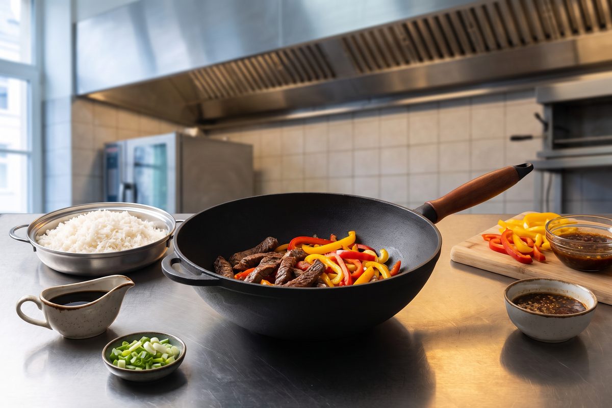 Сковорода чугунная WOK 260х120 мм с деревянной ручкой и чугунной крышкой-сковородой ТМ СИТОН: говядина со сладким перцем