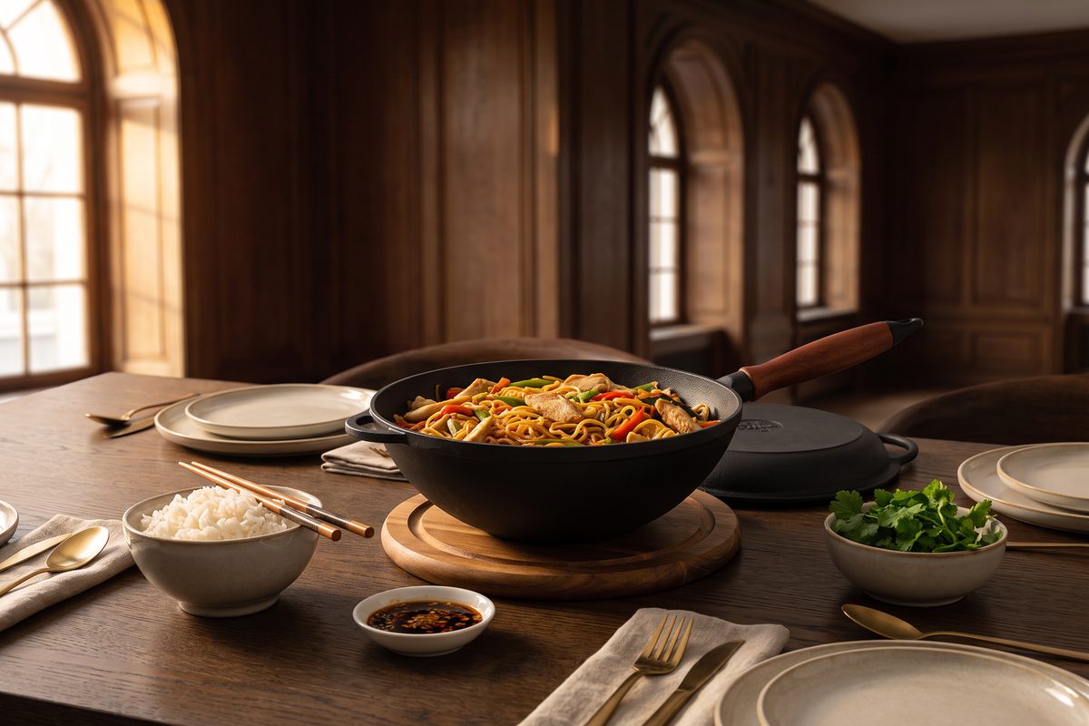 Сковорода чугунная WOK 260х120 мм с деревянной ручкой и чугунной крышкой-сковородой ТМ СИТОН: лапша с курицей и овощами