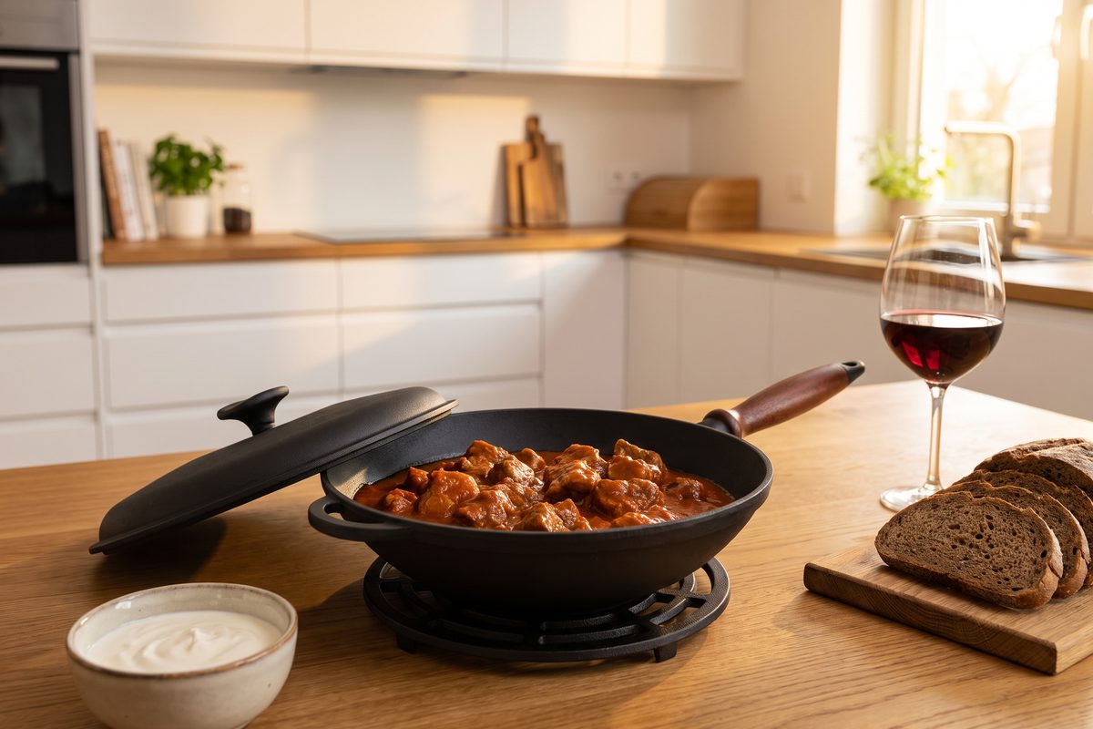 Сковорода чугунная WOK 260х80 мм с деревянной ручкой и чугунной крышкой ТМ СИТОН: гуляш из свинины