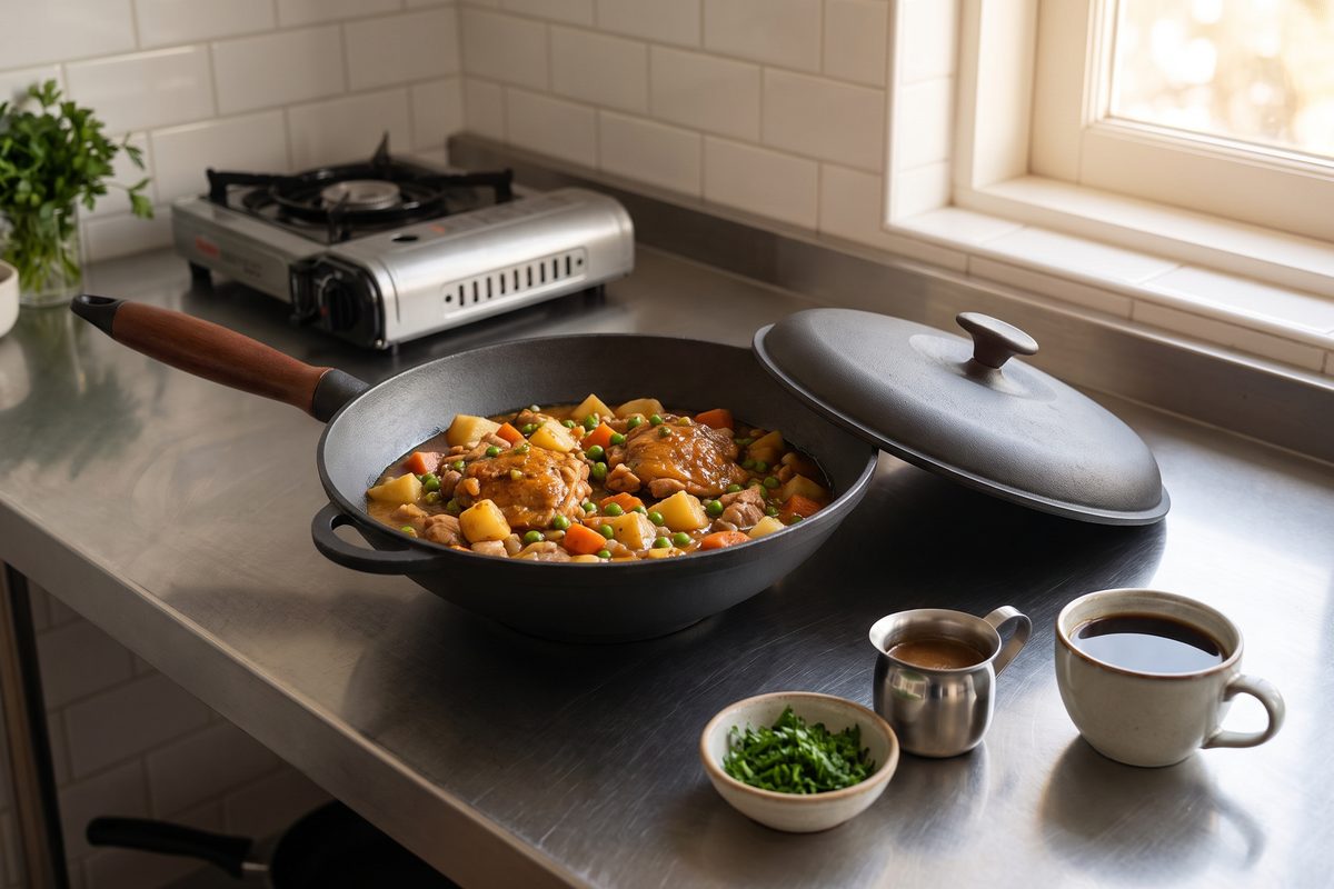 Сковорода чугунная WOK 260х80 мм с деревянной ручкой и чугунной крышкой ТМ СИТОН: рагу с курицей и овощами