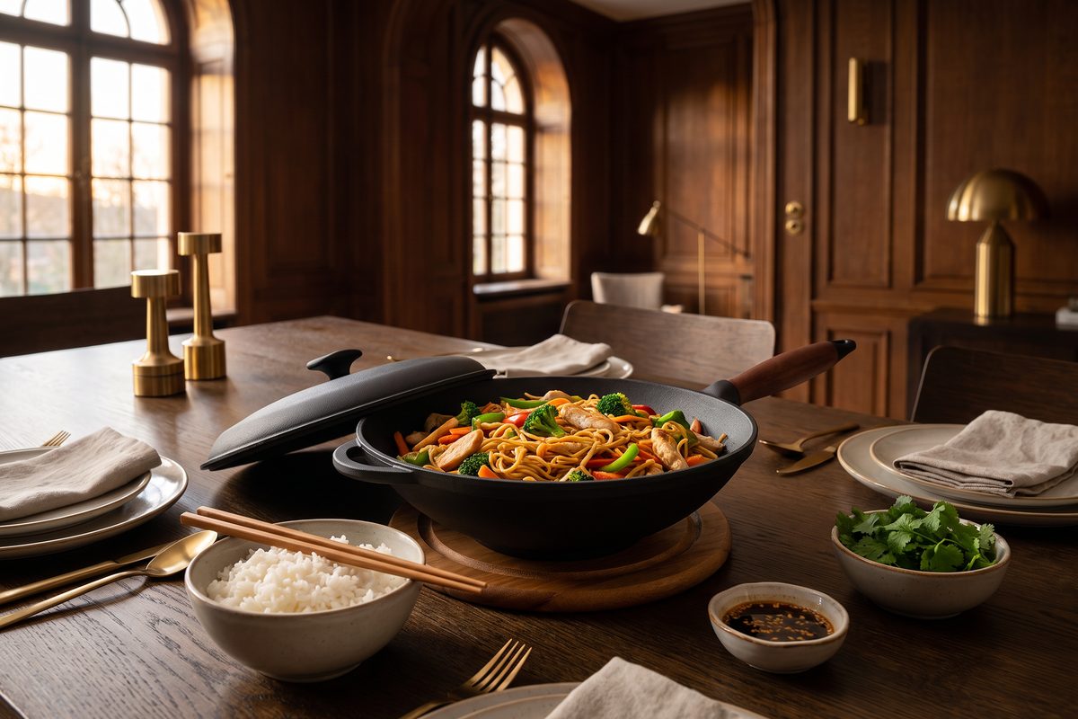 Сковорода чугунная WOK 260х80 мм с деревянной ручкой и чугунной крышкой ТМ СИТОН: лапша с курицей и овощами