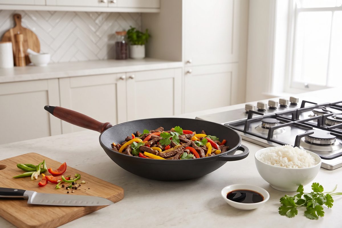 Сковорода чугунная WOK 260х80 мм с деревянной ручкой и чугунной крышкой-сковородой ТМ СИТОН: говядина со сладким перцем