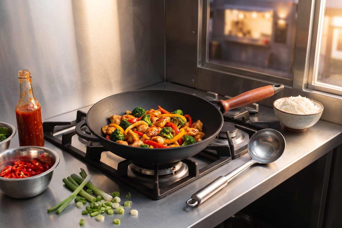 Сковорода чугунная WOK 260х80 мм с деревянной ручкой и чугунной крышкой-сковородой ТМ СИТОН: курица с брокколи и сладким перцем