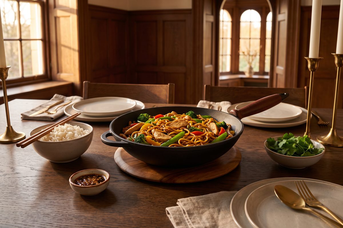 Сковорода чугунная WOK 260х80 мм с деревянной ручкой и чугунной крышкой-сковородой ТМ СИТОН: лапша с курицей и овощами