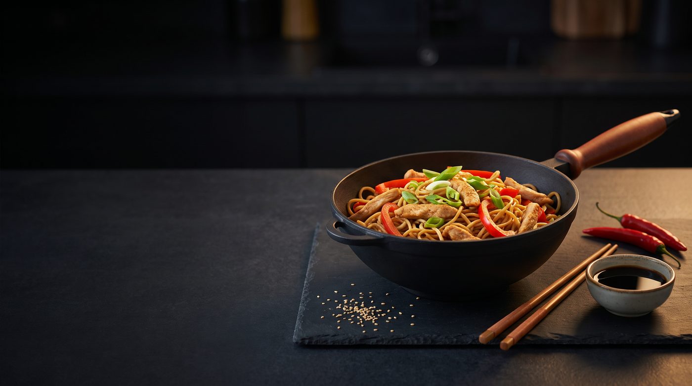 Чугунная кастрюля WOK с деревянной ручкой, лапшой, курицей и овощами
