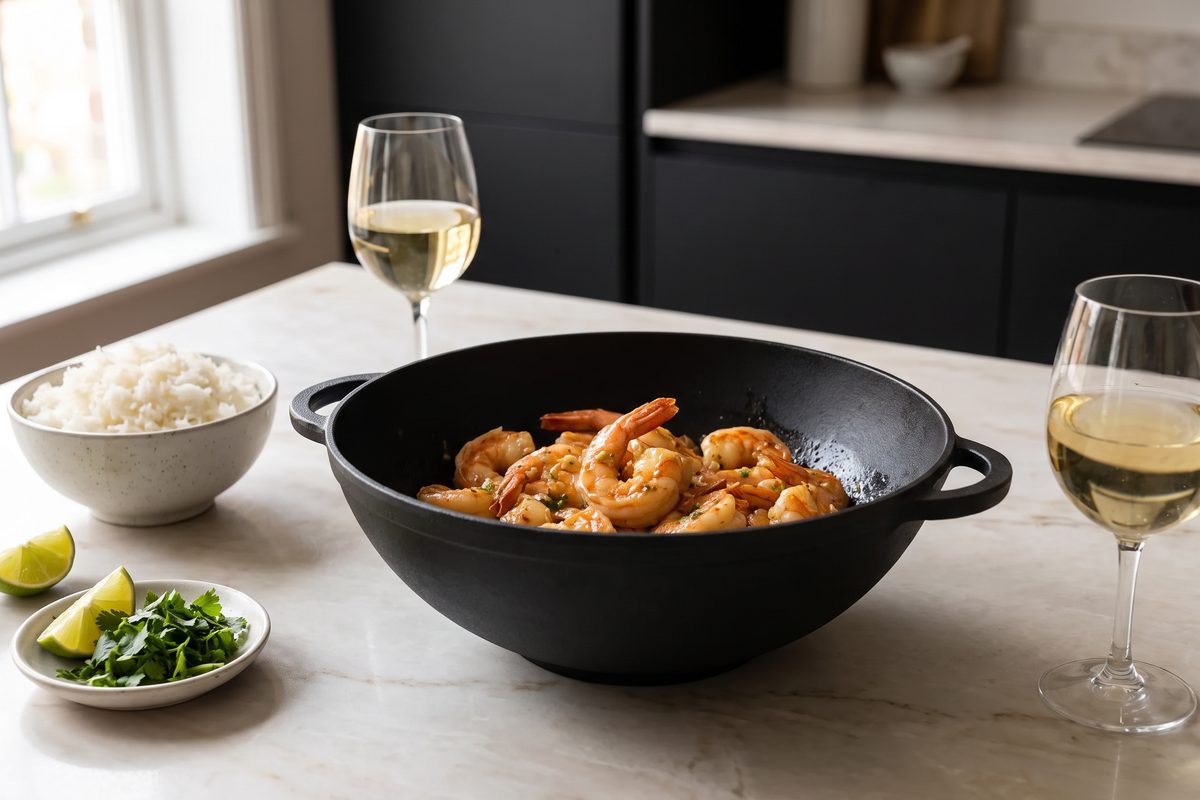 Каструля чавунна WOK 5,5 л ТМ СІТОН: креветки в часниковому соусі