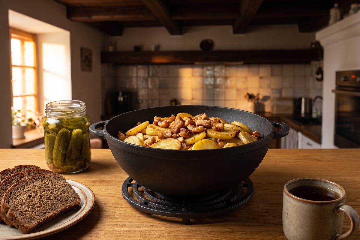 Каструля чавунна WOK 5,5 л ТМ СІТОН: смажена картопля зі шкварками