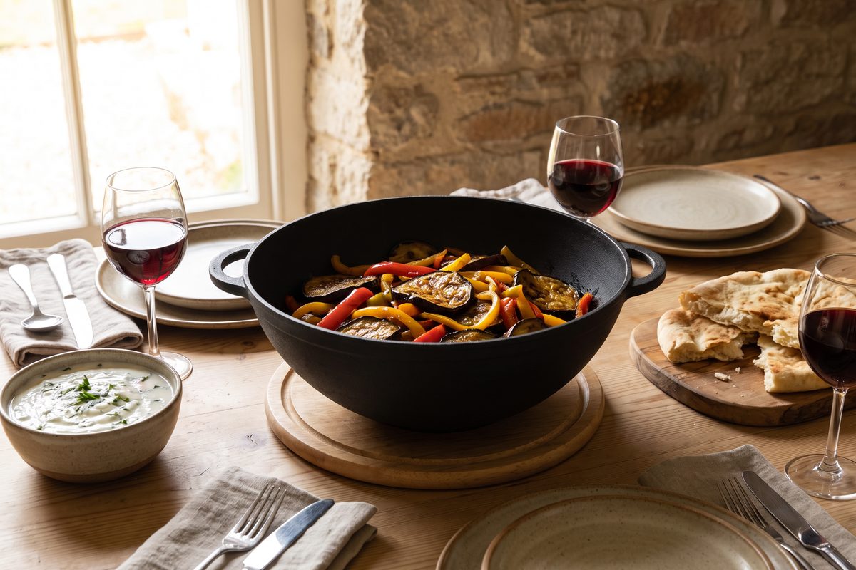 Каструля чавунна WOK 5,5 л ТМ СІТОН: смажені баклажани з перцем