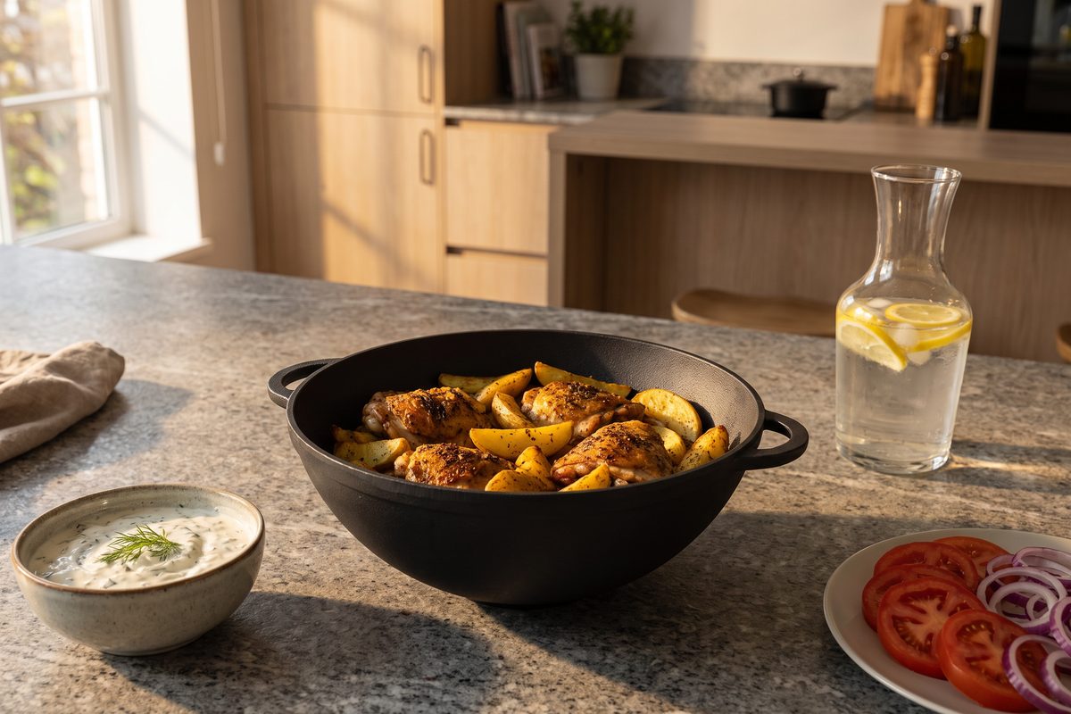 Каструля чавунна WOK 8 л з чавунною кришкою-сковородою ТМ СІТОН: цілі курячі стегенця з картоплею