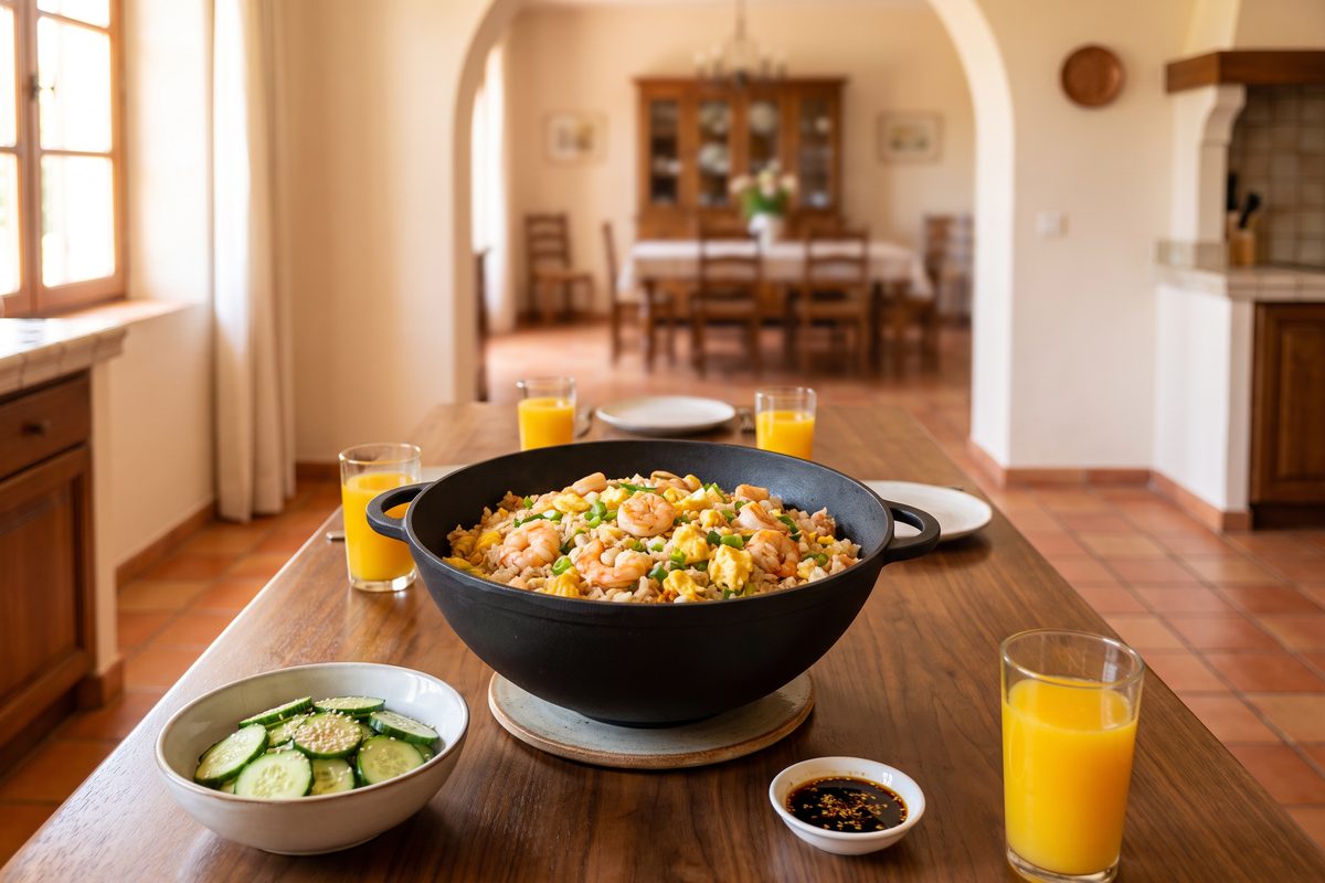 Каструля чавунна WOK 8 л з чавунною кришкою-сковородою ТМ СІТОН: смажений рис з креветками