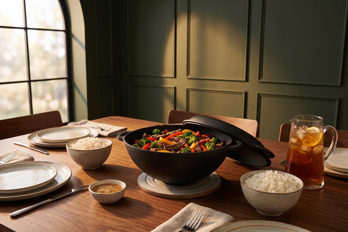 Каструля чавунна WOK 8 л з чавунною кришкою-сковородою ТМ СІТОН: яловичина з броколі та солодким перцем