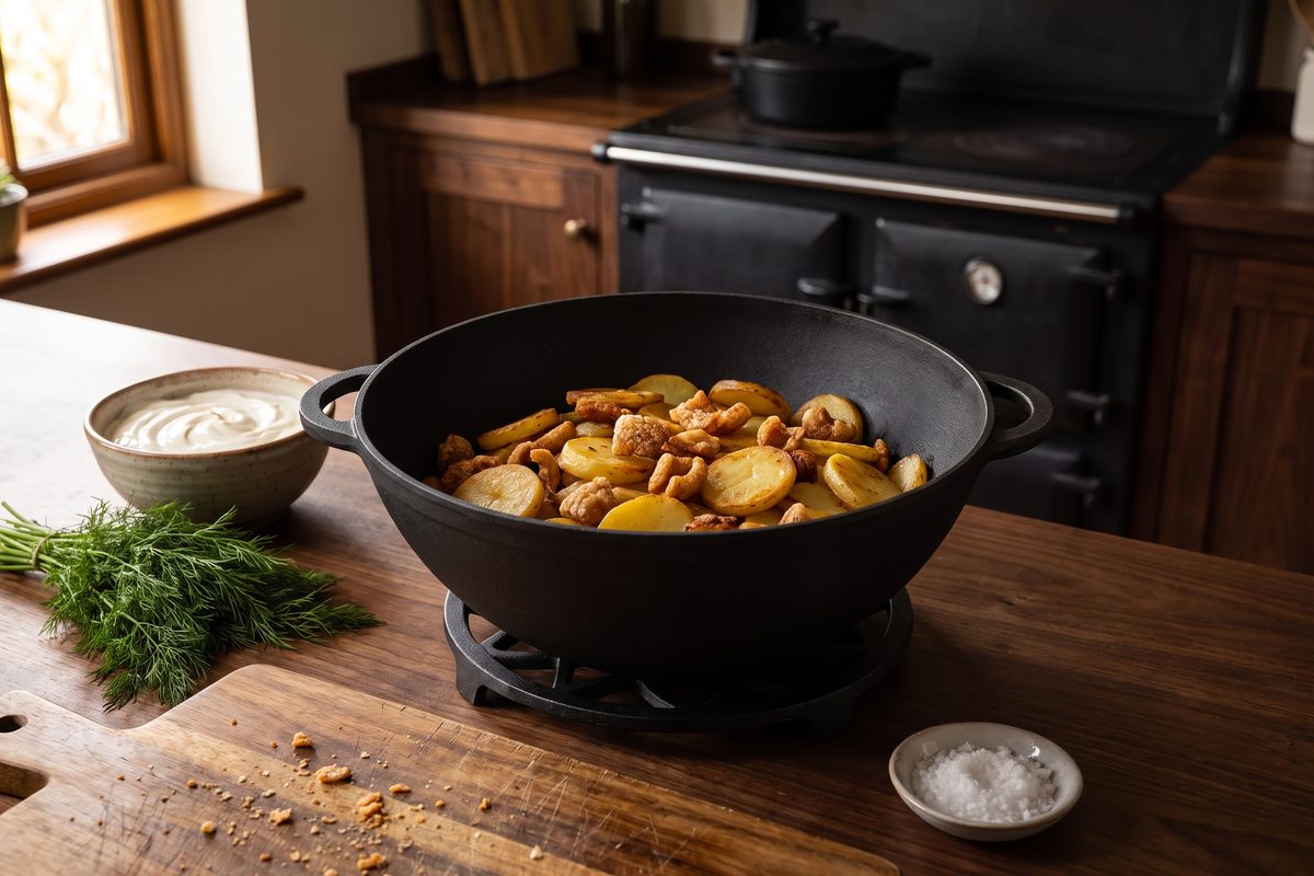 Каструля чавунна WOK 8 л ТМ СІТОН: смажена картопля зі шкварками
