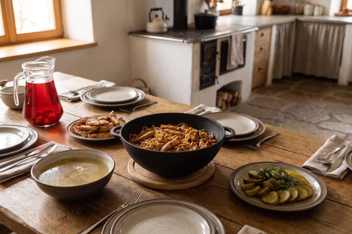 Каструля чавунна WOK 8 л ТМ СІТОН: локшина з куркою