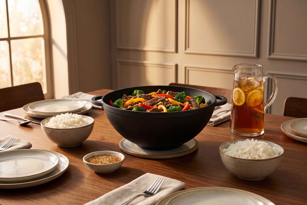 Каструля чавунна WOK 8 л ТМ СІТОН: яловичина з броколі та солодким перцем