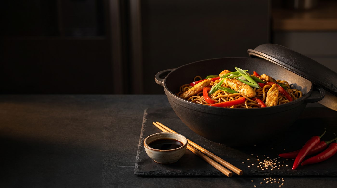 Чавунна каструля WOK з локшиною, куркою та овочами
