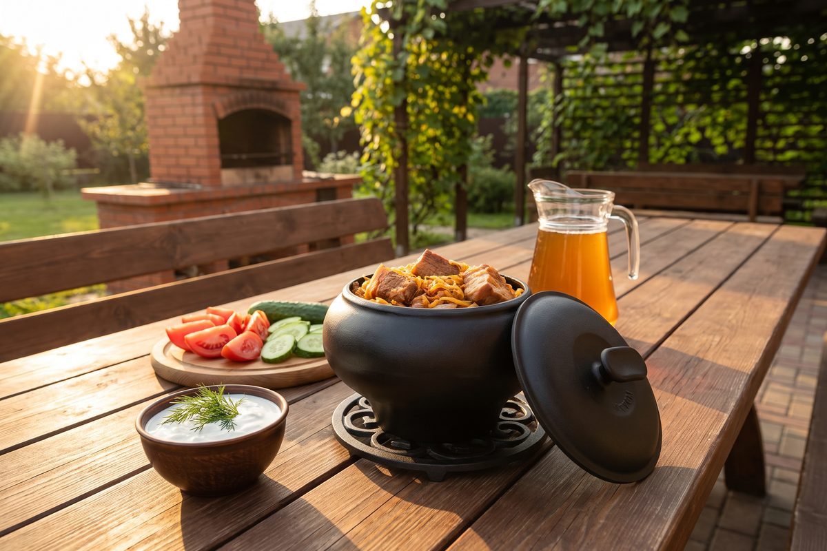Горшок чугунный печной 9 л с чугунной крышкой ТМ СИТОН: капуста с мясом